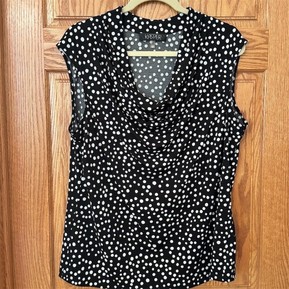 Kasper Blouse Womens XL Black & White Polka Dot Sleeveless Cowl Neck Top